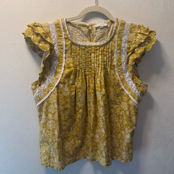Jennifer & Grace Tops - Earthy Boho Yellow Cottagecore Top Mustard Floral Lace Cotton Blouse Spring M